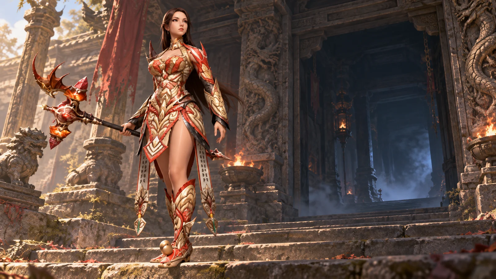 Female Metin2 player character in red, ivory and gold armor holding her branched staff at a temple entrance