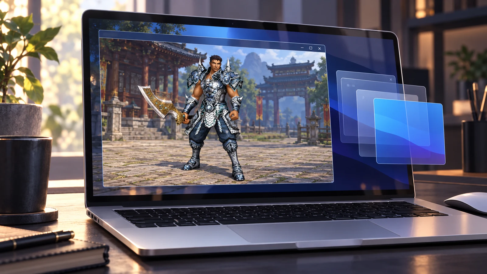 Metin2 character in silver-blue armour in an illustrated game scene on a MacBook
