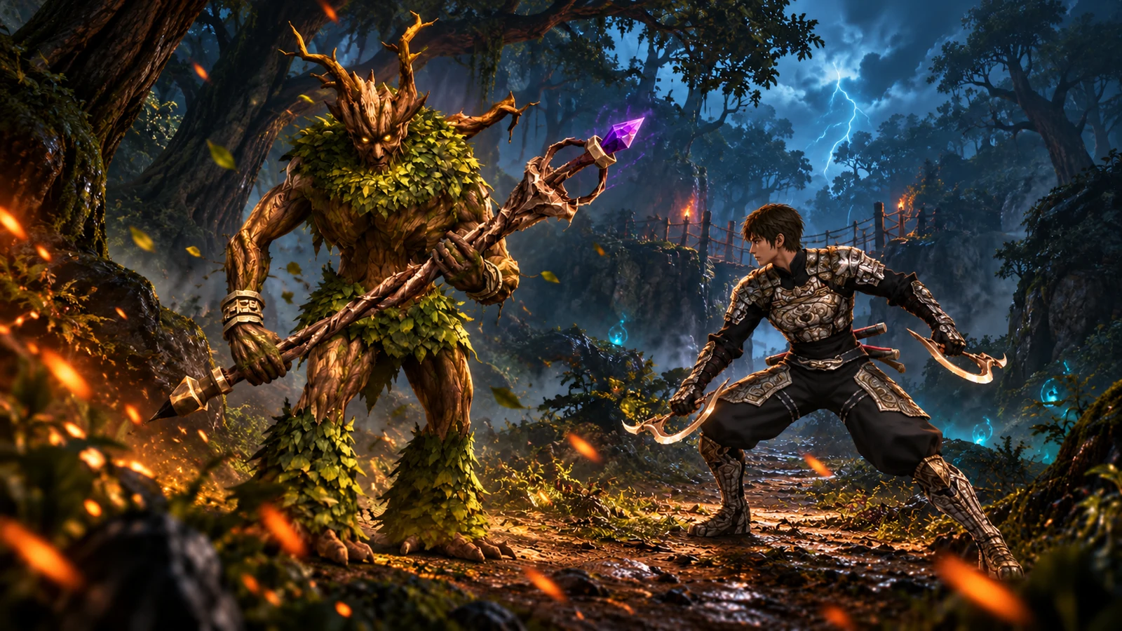 Metin2 player character with paired curved daggers facing a wooden forest guardian amid wind, embers and lightning